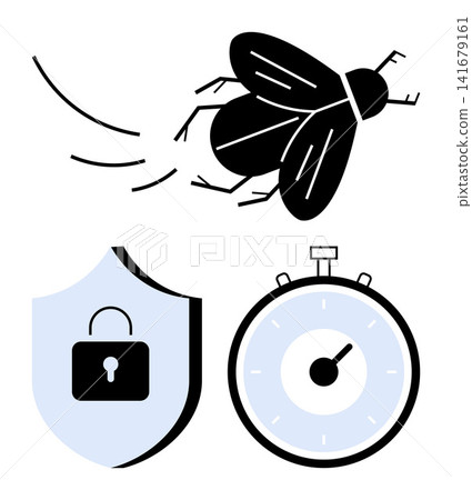 Safety, time efficiency, surveillance, security, protection, speed. A lock on a shield, flying insect and stopwatch. Security and time efficiency concepts Safety, time efficiency, surveillance, security, protection, speed. A lock on a shield, flying insect and stopwatch. Security and time efficiency concepts 141679161