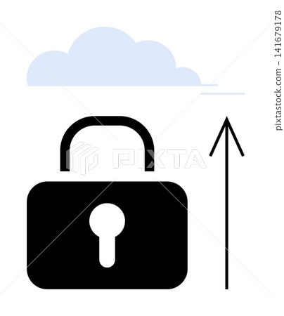 Cybersecurity, cloud storage, data protection, secure file transfer, online privacy, digital technology. Black padlock with upload arrow under a cloud. Cybersecurity and cloud storage concept Cybersecurity, cloud storage, data protection, secure file transfer, online privacy, digital technology. Black padlock with upload arrow under a cloud. Cybersecurity and cloud storage concept 141679178