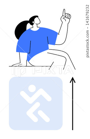 Goal setting, upward progress, motivation, achievement, forward thinking, positivity. A person points upward beside a directional arrow and symbol. Goal setting and upward progress concept Goal setting, upward progress, motivation, achievement, forward thinking, positivity. A person points upward beside a directional arrow and symbol. Goal setting and upward progress concept 141679232
