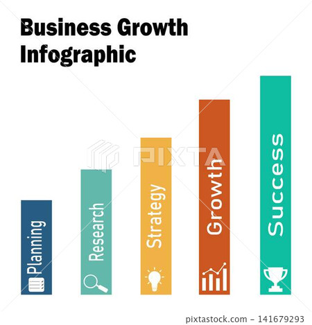 Business Growth Bar Chart Infographic Template with Success Icons Vector 141679293