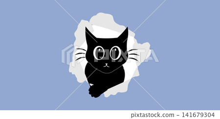 Cute Black Cat Peeking Through Torn Paper Hole Vector 141679304