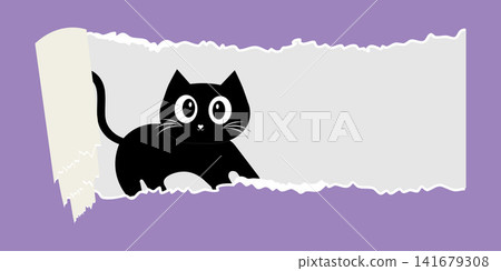Cute Black Cat Peeking Through Ripped Paper Banner Vector Illustration Cute Black Cat Peeking Through Ripped Paper Banner Vector Illustration 141679308