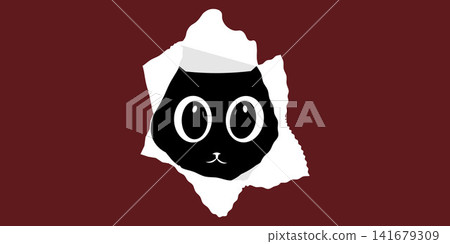 Cute Black Cat Peeking Through Torn Paper Hole Vector 141679309