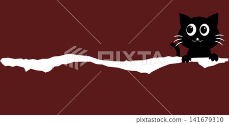 Cute Black Cat Sitting on Ripped Paper Edge Maroon Background Vector Cute Black Cat Sitting on Ripped Paper Edge Maroon Background Vector 141679310
