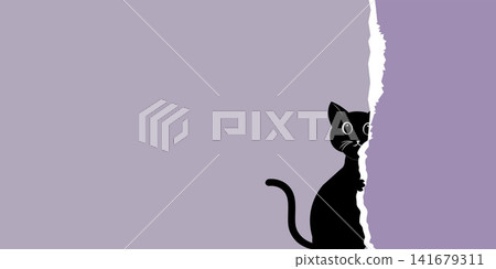 Cute Black Cat Sitting on Ripped Paper Edge Purple Background Vector 141679311