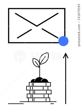 Business development, growth strategy, email marketing, investment, entrepreneurship, financial planning. A mail icon, a plant growing from coins and an upward arrow. Business development and growth Business development, growth strategy, email marketing, investment, entrepreneurship, financial planning. A mail icon, a plant growing from coins and an upward arrow. Business development and growth 141679395
