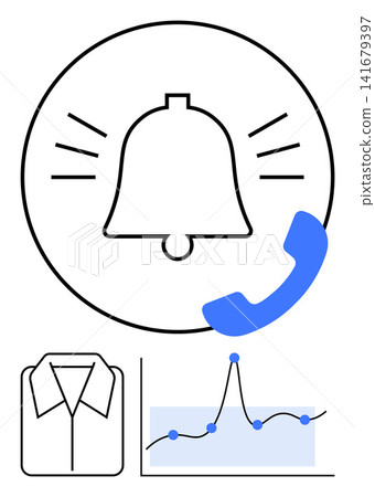 Alerts, business communication, fashion, data analysis, customer service, notifications. Bell icon, phone receiver shirt outline and line graph with plot points. Notifications and business Alerts, business communication, fashion, data analysis, customer service, notifications. Bell icon, phone receiver shirt outline and line graph with plot points. Notifications and business 141679397