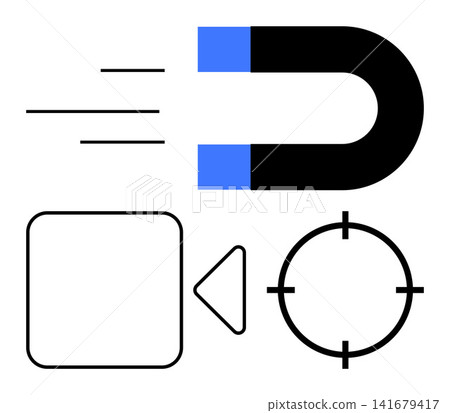 Attraction, targeting, navigation, focus, direction, alignment. A magnet, a target and navigational symbols. Attraction and targeting through clean and focused design concepts Attraction, targeting, navigation, focus, direction, alignment. A magnet, a target and navigational symbols. Attraction and targeting through clean and focused design concepts 141679417