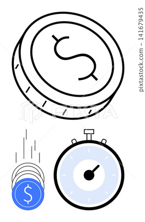 Financial management, time tracking, productivity, business efficiency, saving money, and budgeting. Coin with a dollar symbol and a stopwatch. Financial management and time tracking concept Financial management, time tracking, productivity, business efficiency, saving money, and budgeting. Coin with a dollar symbol and a stopwatch. Financial management and time tracking concept 141679435