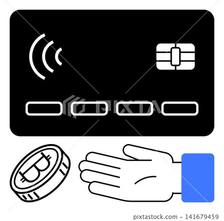 Digital finance, cryptocurrency, fintech solutions, contactless payments, online transactions, banking innovation. Black card with contactless icon, bitcoin coin a hand offering gesture. Digital Digital finance, cryptocurrency, fintech solutions, contactless payments, online transactions, banking innovation. Black card with contactless icon, bitcoin coin a hand offering gesture. Digital 141679459