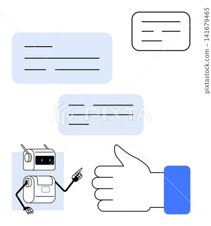 Artificial intelligence, digital communication, automation, technology integration, chatbot interaction, human-machine collaboration. A robot gestures towards messages and a thumbs-up icon Artificial intelligence, digital communication, automation, technology integration, chatbot interaction, human-machine collaboration. A robot gestures towards messages and a thumbs-up icon 141679465