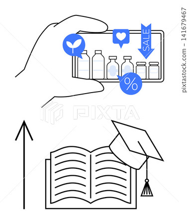 E-commerce, digital education, online learning, sustainable shopping, mobile apps, academic success. Hand holding smartphone with products, open book with graduation cap. E-commerce and digital E-commerce, digital education, online learning, sustainable shopping, mobile apps, academic success. Hand holding smartphone with products, open book with graduation cap. E-commerce and digital 141679467