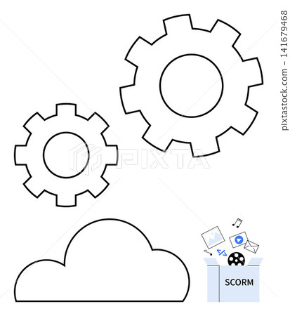 Cloud computing, e-learning, digital transformation, online training, content management, education. Gears, cloud icon and SCORM digital toolbox with media elements. E-learning and digital Cloud computing, e-learning, digital transformation, online training, content management, education. Gears, cloud icon and SCORM digital toolbox with media elements. E-learning and digital 141679468