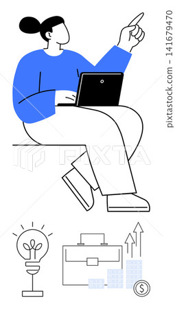 Career growth, innovation, business strategy, entrepreneurship, productivity, decision-making. Person with a laptop pointing forward alongside icons of ideas, finance and goals. Career growth 141679470