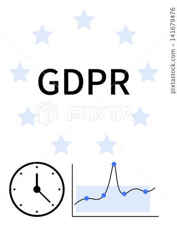 Data privacy, time tracking, GDPR law compliance, analytics, legal framework, and information security. Circular clock icon and data graph under GDPR text with stars. GDPR law compliance and data Data privacy, time tracking, GDPR law compliance, analytics, legal framework, and information security. Circular clock icon and data graph under GDPR text with stars. GDPR law compliance and data 141679476