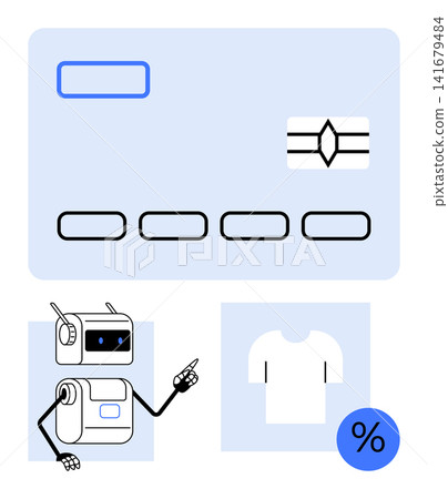 E-commerce, automation, online payments, retail transactions, smart shopping, sales discounts. Robot assistant pointing at icons for payment and clothing. E-commerce and online payments concept E-commerce, automation, online payments, retail transactions, smart shopping, sales discounts. Robot assistant pointing at icons for payment and clothing. E-commerce and online payments concept 141679484