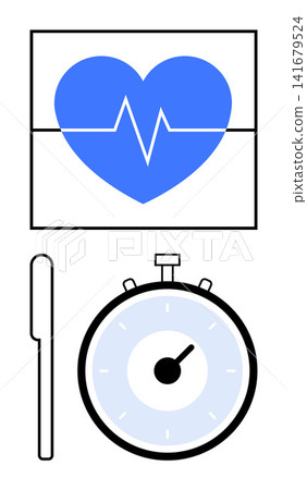 Healthcare, fitness tracking, time management, medical monitoring, diagnostics, wellness goals. Blue heart with heartbeat graph above a stopwatch. Healthcare and fitness tracking concept Healthcare, fitness tracking, time management, medical monitoring, diagnostics, wellness goals. Blue heart with heartbeat graph above a stopwatch. Healthcare and fitness tracking concept 141679524