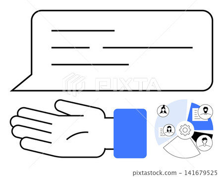 Communication, business processes, teamwork, project management, workflow analysis, information sharing. An open hand beneath a speech bubble and a diagram with icons. Communication and business 141679525