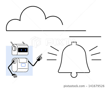 Technology alerts, cloud notifications, automation tools, user interface design, digital solutions, smart devices. Robot pointing at a bell under a cloud symbol. Technology alerts and cloud Technology alerts, cloud notifications, automation tools, user interface design, digital solutions, smart devices. Robot pointing at a bell under a cloud symbol. Technology alerts and cloud 141679526