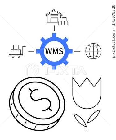 Logistics, supply chain management, e-commerce, warehouse efficiency, inventory control, globalization. WMS cog with warehouse-related icons. Logistics and supply chain management concept 141679529