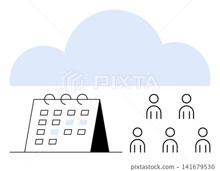 Cloud computing, digital scheduling, teamwork, business planning, data management, remote collaboration. a calendar and team under a cloud. Cloud computing and digital scheduling concept Cloud computing, digital scheduling, teamwork, business planning, data management, remote collaboration. a calendar and team under a cloud. Cloud computing and digital scheduling concept 141679530