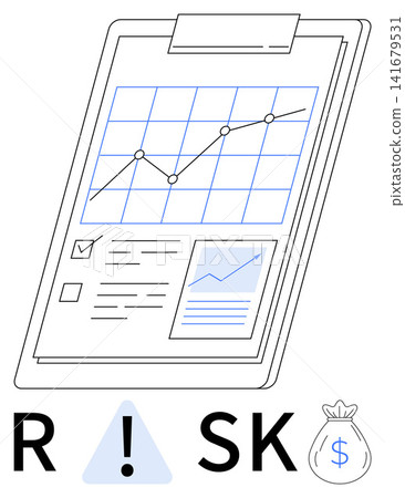Business strategy, financial planning, risk analysis, decision making, data visualization, investment focus. A chart clipboard, checklist warning icon and money bag graphic. Risk management Business strategy, financial planning, risk analysis, decision making, data visualization, investment focus. A chart clipboard, checklist warning icon and money bag graphic. Risk management 141679531