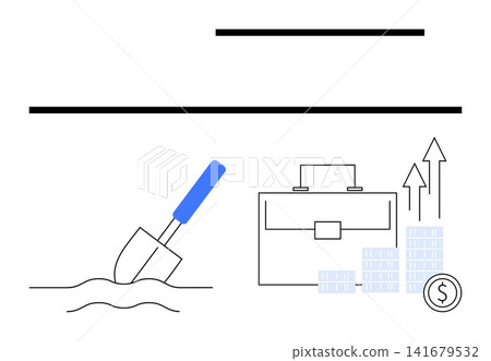 Business strategies, financial growth, investment planning, profit increase, economic success, startup development. Shovel digging, briefcase money stacks and arrows. Business strategies 141679532