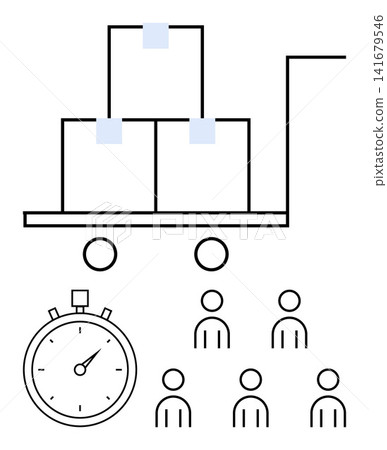 Logistics, time management, workforce planning, productivity, delivery services, supply chain. Minimalistic design with a cart, stopwatch and people icons. Logistics and time management concept Logistics, time management, workforce planning, productivity, delivery services, supply chain. Minimalistic design with a cart, stopwatch and people icons. Logistics and time management concept 141679546