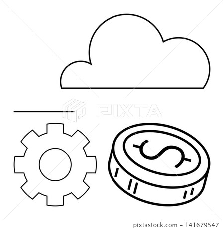 Cloud computing, financial management, tech innovation, digital infrastructure, data systems, modern economy. Line art of a cloud, gear and coin symbol. s digital infrastructure and financial Cloud computing, financial management, tech innovation, digital infrastructure, data systems, modern economy. Line art of a cloud, gear and coin symbol. s digital infrastructure and financial 141679547