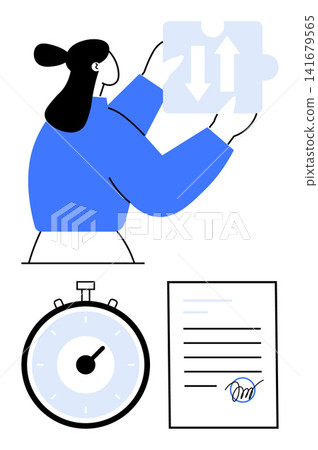 Business strategy, productivity, decision making, teamwork, contract signing, workflow planning. Woman holding a puzzle piece. Business strategy and productivity Business strategy, productivity, decision making, teamwork, contract signing, workflow planning. Woman holding a puzzle piece. Business strategy and productivity 141679565