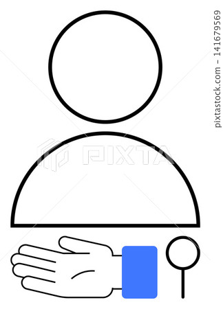 Identity verification, user authentication, security, biometrics, personal data, access control. A person icon with a highlighted hand gesture and magnifying glass. Identity verification and user Identity verification, user authentication, security, biometrics, personal data, access control. A person icon with a highlighted hand gesture and magnifying glass. Identity verification and user 141679569