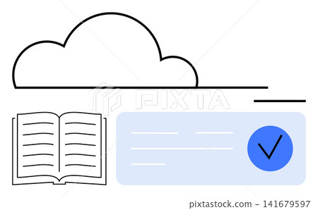Digital learning, data authenticity, education, online approval, cloud services, knowledge verification. Open book, cloud and checkmark. Digital learning and data authenticity Digital learning, data authenticity, education, online approval, cloud services, knowledge verification. Open book, cloud and checkmark. Digital learning and data authenticity 141679597