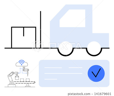 Logistics, automation, shipping, smart technology, supply chain, e-commerce delivery. Truck with package, robotic arm with sensors digital verification checkmark. Logistics and automation Logistics, automation, shipping, smart technology, supply chain, e-commerce delivery. Truck with package, robotic arm with sensors digital verification checkmark. Logistics and automation 141679601