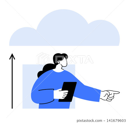 Cloud computing, digital services, data storage, scalability, technology growth, online access. Graphic of a person holding a tablet and pointing upward with a cloud in the background. Cloud Cloud computing, digital services, data storage, scalability, technology growth, online access. Graphic of a person holding a tablet and pointing upward with a cloud in the background. Cloud 141679603