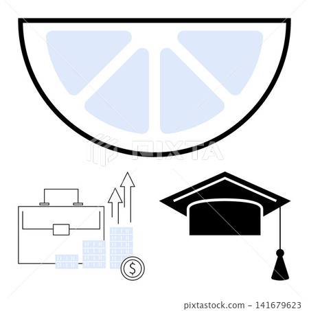 Business development, financial growth, education, achievement, career planning, success. Lemon slice, briefcase arrow with coin stacks graduation cap. Business growth and education theme 141679623