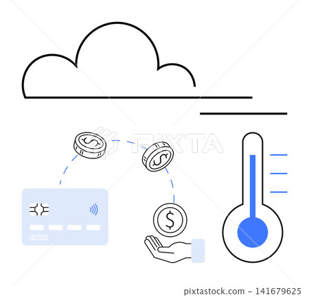 Cloud computing, financial technology, digital transactions, climate monitoring, economy, data analysis. Cloud with currency and thermometer icons. Cloud computing and financial technology concept 141679625