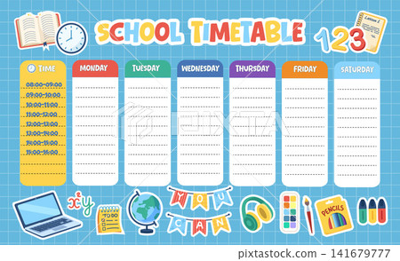 Cute school timetable template with weekly schedule and planner layout Cute school timetable template with weekly schedule and planner layout 141679777