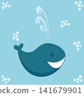 A dark blue whale swims among the bubbles in the sea 141679901