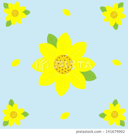 Bright yellow sunflowers with seeds and green leaves on a blue background Bright yellow sunflowers with seeds and green leaves on a blue background 141679902