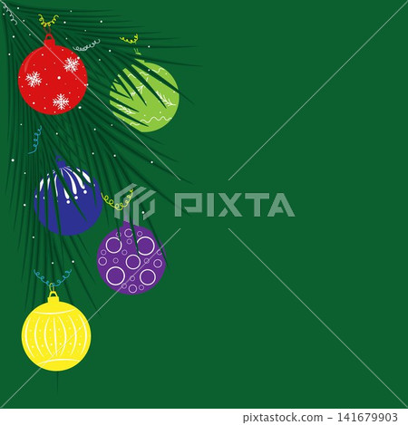 On a green background, there are Christmas tree branches and colorful Christmas tree balls. On a green background, there are Christmas tree branches and colorful Christmas tree balls. 141679903