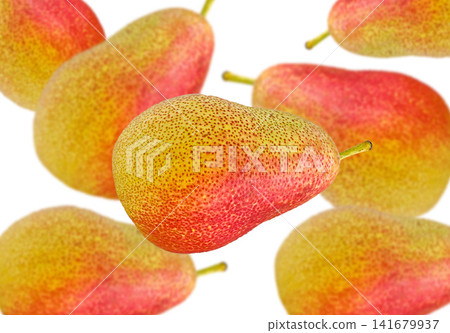 Fresh red and yellow pears arranged on a white background with one sharp fruit in the foreground and blurred pears behind. Healthy food, ripe harvest, fresh produce, fruit pattern, isolated background Fresh red and yellow pears arranged on a white background with one sharp fruit in the foreground and blurred pears behind. Healthy food, ripe harvest, fresh produce, fruit pattern, isolated background 141679937