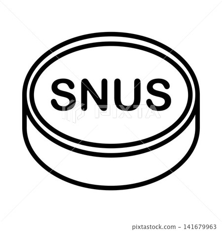 Minimalist line icon of a round tin can for packaging smokeless tobacco or nicotine pouches. Swedish snus puck illustration with text symbol. Isolated on white background. 141679963