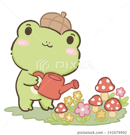 Cute Kawaii Chibi Frog Wearing an Acorn Hat Watering a Mushroom Flower Garden Woodland Cottagecore Clipart Illustration Cute Kawaii Chibi Frog Wearing an Acorn Hat Watering a Mushroom Flower Garden Woodland Cottagecore Clipart Illustration 141679992