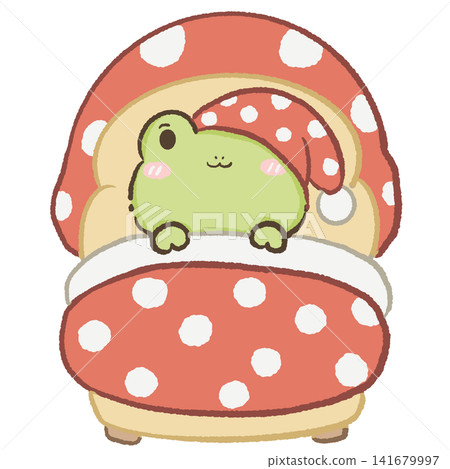 Cute Kawaii Chibi Frog Sleeping in a Cozy Mushroom Bed Wearing a Mushroom Nightcap Cottagecore Clipart Illustration 141679997