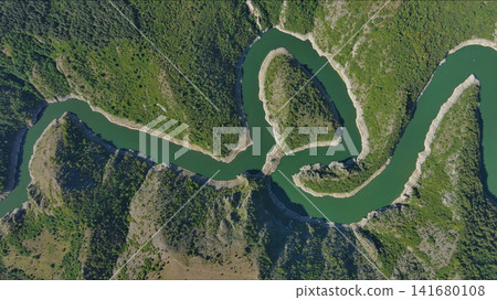 Curved meanders in canyon of Uvac river Serbia Curved meanders in canyon of Uvac river Serbia 141680108