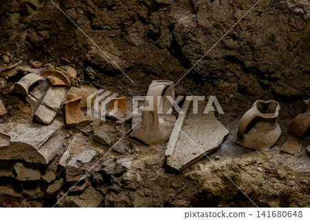 Archaeological Excavation Site with Ancient Pottery Fragments Unearthed Ceramic Artifacts Historica Archaeological Excavation Site with Ancient Pottery Fragments Unearthed Ceramic Artifacts Historica 141680648