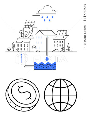 Environmental sustainability, renewable energy, urban planning, water conservation, eco-friendly technology, global finance. Rainwater harvesting system with solar-powered buildings. Water Environmental sustainability, renewable energy, urban planning, water conservation, eco-friendly technology, global finance. Rainwater harvesting system with solar-powered buildings. Water 141680685