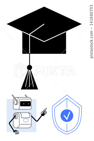Online learning, cybersecurity, AI, digital education, knowledge verification, academic safety. A robotic figure points to a shield with a checkmark and a graduation cap. Online learning 141680703