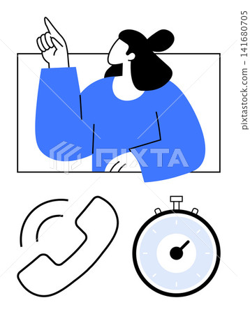 Customer service, communication, time management, call handling, assistance, scheduling. A woman points upward with telephone and stopwatch icons. Communication and time management concept Customer service, communication, time management, call handling, assistance, scheduling. A woman points upward with telephone and stopwatch icons. Communication and time management concept 141680705