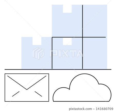 Cloud computing, logistics management, digital storage, email communication, inventory practices, e-commerce. Outlined drawings of boxes, cloud and email. Cloud computing and logistics management Cloud computing, logistics management, digital storage, email communication, inventory practices, e-commerce. Outlined drawings of boxes, cloud and email. Cloud computing and logistics management 141680709